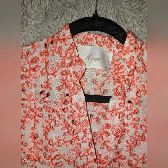 KASIA Tuckernuck Cutwork Tiered Split Neck Holiday Dress Coral/white Size Small - Picture 9 of 12